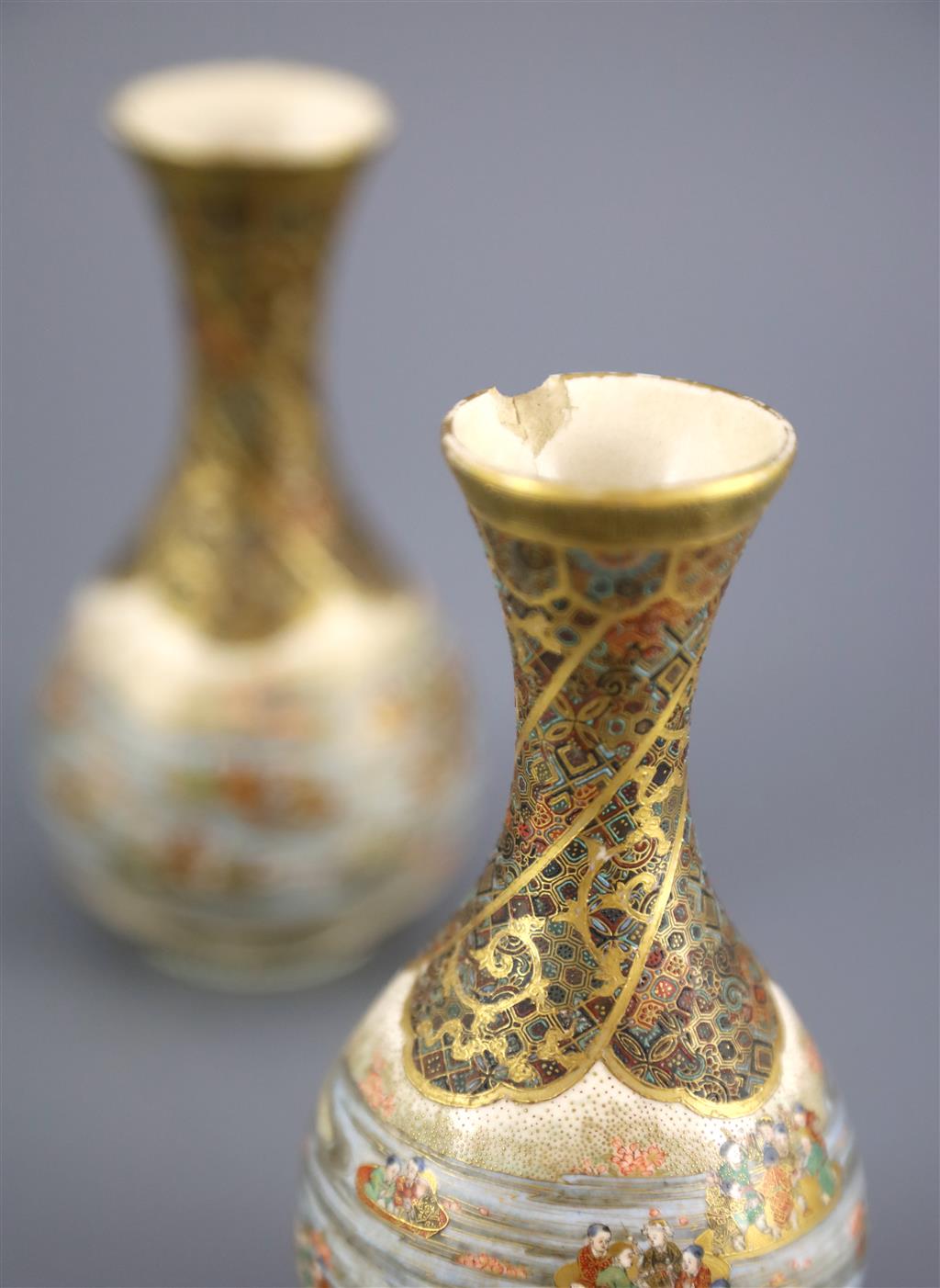 A pair of Japanese Satsuma pottery bottle vases, by Yabu Meizan, Meiji period, 12.5cm high